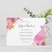 ピンク赤面金ゴールドスパークルドレスフローラ60誕生日 招待状 (スタンド正面)