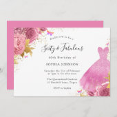 ピンク赤面金ゴールドスパークルドレスフローラ60誕生日 招待状 (正面/裏面)