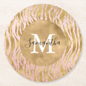 ピンク赤面金ゴールドゼブラプリントグリッツスパークル ラウンドペーパーコースター (正面)