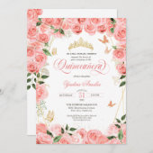 ピンク赤面金ゴールドバラエレガントバタフライキンセアニェラ 招待状 (正面/裏面)