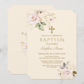ピンク赤面金ゴールドフラワーズクロスシャンパンバプテスマ 招待状 (正面/裏面)