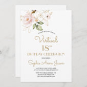 ピンク赤面金ゴールドフローラバーチャル18th誕生日パーティー 招待状 (正面/裏面)