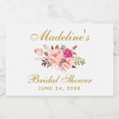 ピンク赤面金ゴールドフローラブライダルシャワーミニ スパークリングワインラベル (シングルラベル)