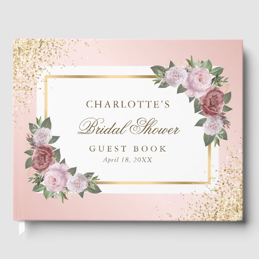 ピンク赤面金ゴールドフローラブライダルシャワー ゲストブック (正面)