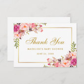 ピンク赤面金ゴールドフローラベビーシャワー感謝してい サンキューカード (正面/裏面)