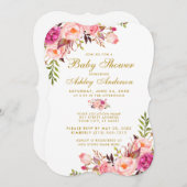 ピンク赤面金ゴールドフローラベビーシャワー招待状B 招待状 (正面/裏面)