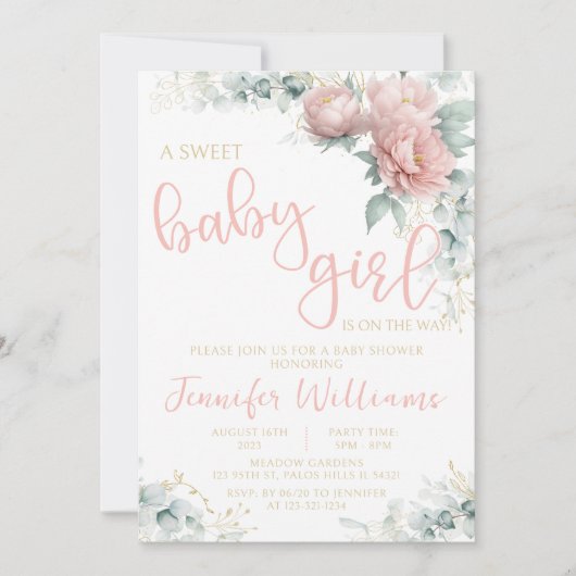ピンク赤面金ゴールドフローラ女の子の赤ちゃんシャワー招待 招待状 (正面)