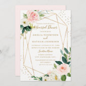 ピンク赤面金ゴールドフローラ幾何リハーサルディナー 招待状 (正面/裏面)