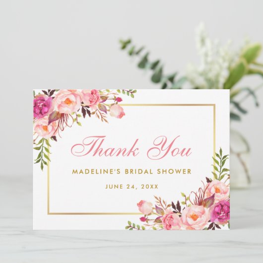 ピンク赤面金ゴールドフローラ感謝していブライダルシャワーP 招待状 (スタンド正面)