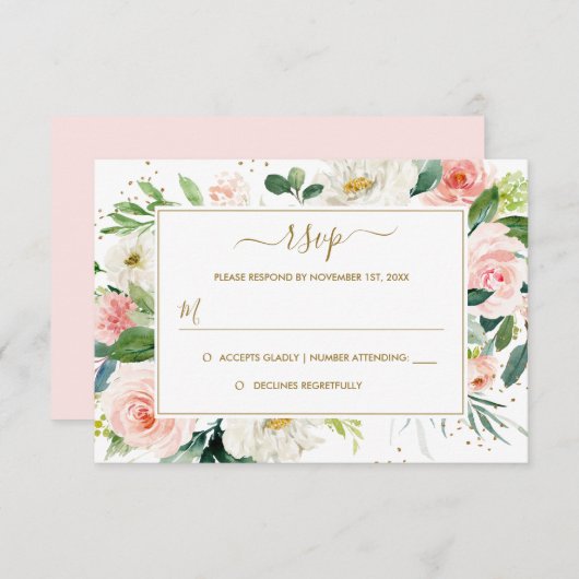 ピンク赤面金ゴールドフローラ金ゴールド結婚式RSVP 出欠カード (正面/裏面)