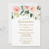 ピンク赤面金ゴールド水彩フローラキンセアニェラ 招待状 (正面)