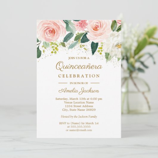 ピンク赤面金ゴールド水彩フローラキンセアニェラ 招待状 (スタンド正面)