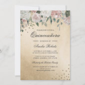 ピンク赤面金ゴールド水彩フローラキンセアニェラ 招待状 (正面)