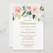 ピンク赤面金ゴールド水彩フローラ退職パーティー 招待状 (正面)