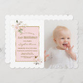 ピンク赤面金ゴールド花写真少女1歳の誕生日 招待状 (正面/裏面)