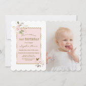 ピンク赤面金ゴールド花写真少女1歳の誕生日 招待状 (正面)