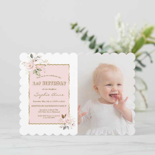 ピンク赤面金ゴールド花写真少女1歳の誕生日 招待状 (スタンド正面)