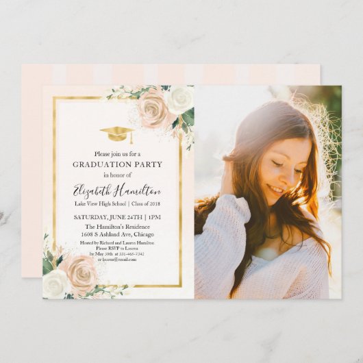 ピンク赤面&フォイル金ゴールドフローラグラッドパーティー写真 招待状 (正面/裏面)