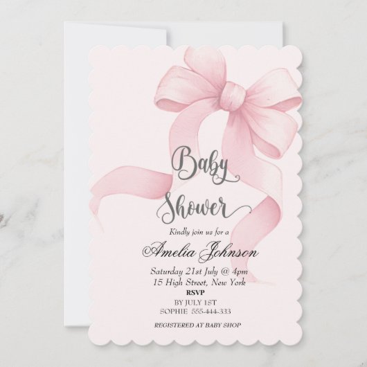 ピンク赤面&ボウコケットベビーシャワー 招待状 (正面)