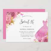 ピンク赤面&金ゴールドスパークルドレスフローラスウィート16 招待状 (正面/裏面)