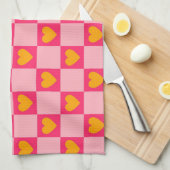 ピンク赤黄色ハート愛市松模様にY2Kパターン キッチンタオル (四つ折り)