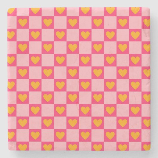 ピンク赤黄色ハート愛市松模様にY2Kパターン ストーンコースター (正面)