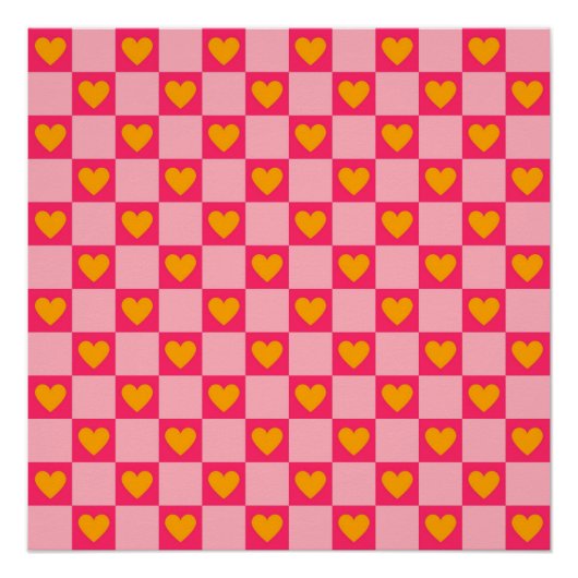 ピンク赤黄色ハート愛市松模様にY2Kパターン ポスター (正面)