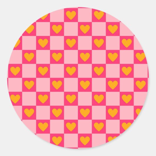 ピンク赤黄色ハート愛市松模様にY2Kパターン ラウンドシール (正面)