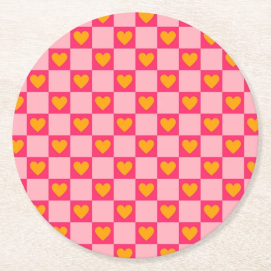 ピンク赤黄色ハート愛市松模様にY2Kパターン ラウンドペーパーコースター (正面)