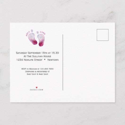 ピンク足赤ちゃんシャワー写真招待状はがき 案内ポストカード (裏面)