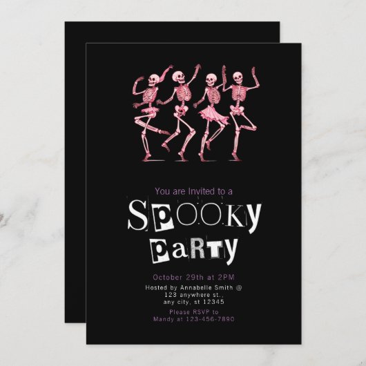 ピンク踊り骨格ミニマルハローウィンパーティ 招待状 (正面/裏面)