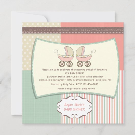 ピンク車2台ベビーシャワー招待状 招待状 (正面)