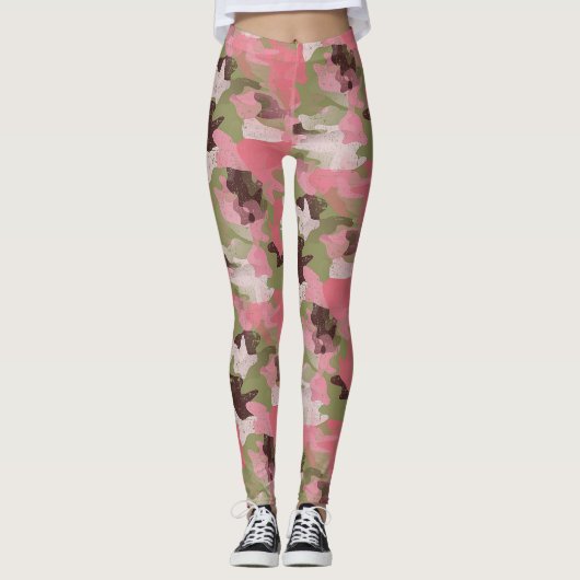ピンク軍隊カーキブラウングリーンカモフラージュパターン レギンス (正面)