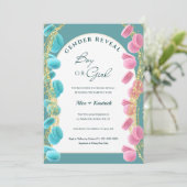 ピンク輝くエレガントとブルーのマカロン性別の表示 招待状 (スタンド正面)