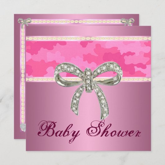 ピンク迷彩柄ダイヤモンドボウベビーシャワー招待状 招待状 (正面/裏面)