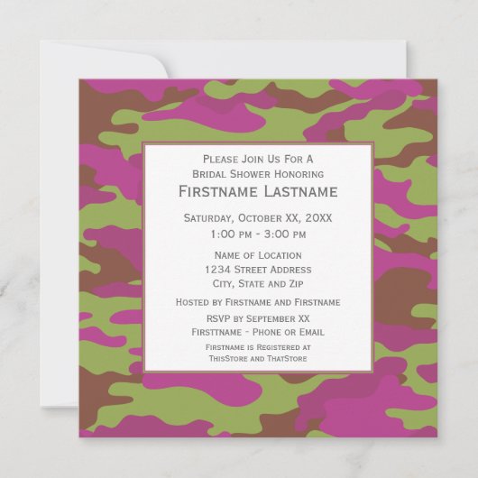 ピンク迷彩柄ブライダルシャワーまたは婚約パーティ 招待状 (正面)