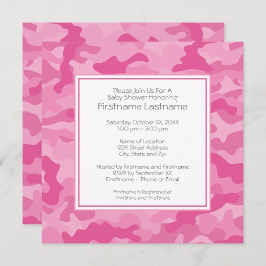 ピンク迷彩柄ベビーシャワーまたはパーティー 招待状 (正面/裏面)