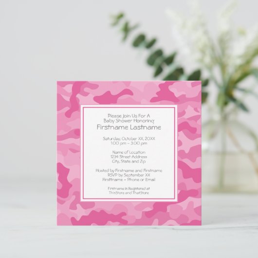 ピンク迷彩柄ベビーシャワーまたはパーティー 招待状 (スタンド正面)