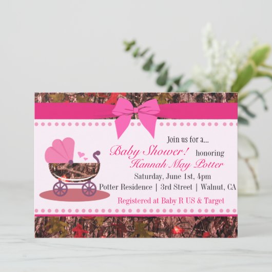 ピンク迷彩柄ベビーシャワーパーティの招待状 招待状 (スタンド正面)