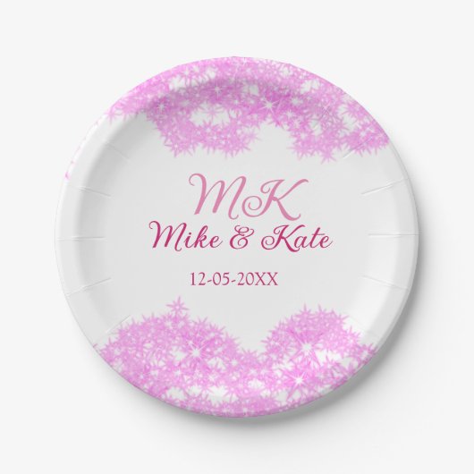 ピンク追加カップル名dateモノグラムグリッタースパークル ペーパープレート (正面)