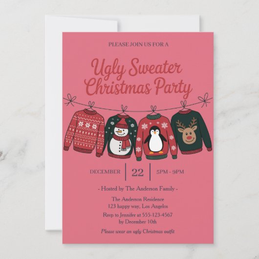 ピンク醜いセーターホリデーパーティー | おもしろい 招待状 (正面)