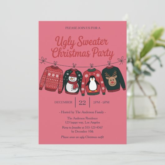 ピンク醜いセーターホリデーパーティー | おもしろい 招待状 (スタンド正面)