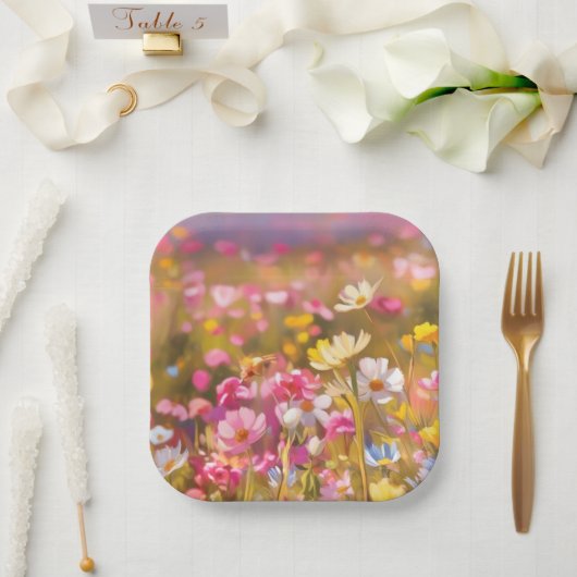 ピンク野花イエローラベンダー2025 ペーパープレート (ウェディング)