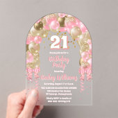 ピンク金ゴールドお祝いバルーン21歳パーティー アクリル招待状 (インサイチュ (ポータブル))