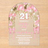 ピンク金ゴールドお祝いバルーン21歳パーティー アクリル招待状 (正面)