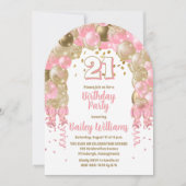 ピンク金ゴールドお祝いバルーン21歳パーティー 招待状 (正面)