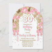 ピンク金ゴールドお祝いバルーン80th誕生日パーティー 招待状 (正面)