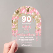 ピンク金ゴールドお祝いバルーン90th誕生日パーティー アクリル招待状 (インサイチュ (ポータブル))