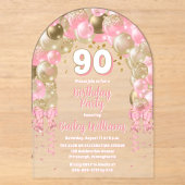 ピンク金ゴールドお祝いバルーン90th誕生日パーティー アクリル招待状 (正面)