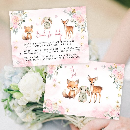 ピンク金ゴールドの冬の女の子の本ベビーエンクロージャカード エンクロージャーカード